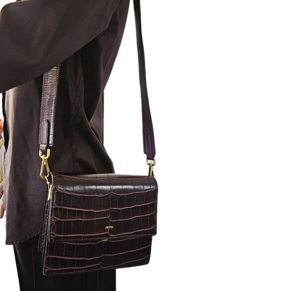 JW PEI Croc-Embossed Shoulder Bag in Deep Brown with Gold Hardware